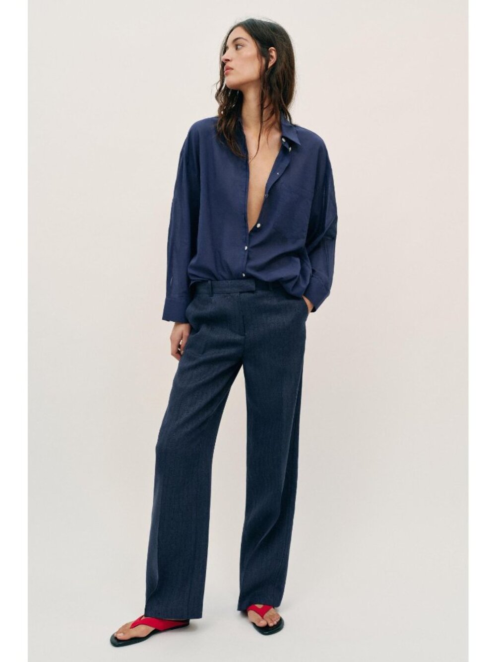 Zara Size XS Oversized Cotton Shirt Navy Blue Button Down Cotton